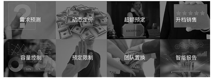需求預測，動態(tài)定價，超額預定，升檔銷售，容量控制，預訂限制，團隊置換，智能報告