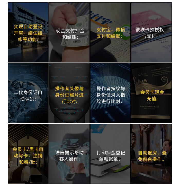 藍盾桑拿管理軟件系統(tǒng)的主要硬件——酒店自助登記機的主要功能：實現(xiàn)自主登記開房，現(xiàn)金支付和結(jié)賬，支付寶、微信支付和結(jié)賬，自助退房，身份證自動識別，指紋錄入對比，打印登記單與賬單等。