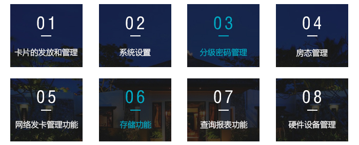 酒店管理軟件主要功能——卡片的發(fā)放與管理， 系統(tǒng)設(shè)置，分級密碼管理，房態(tài)管理，存儲功能，查詢報表功能，硬件設(shè)備管理等